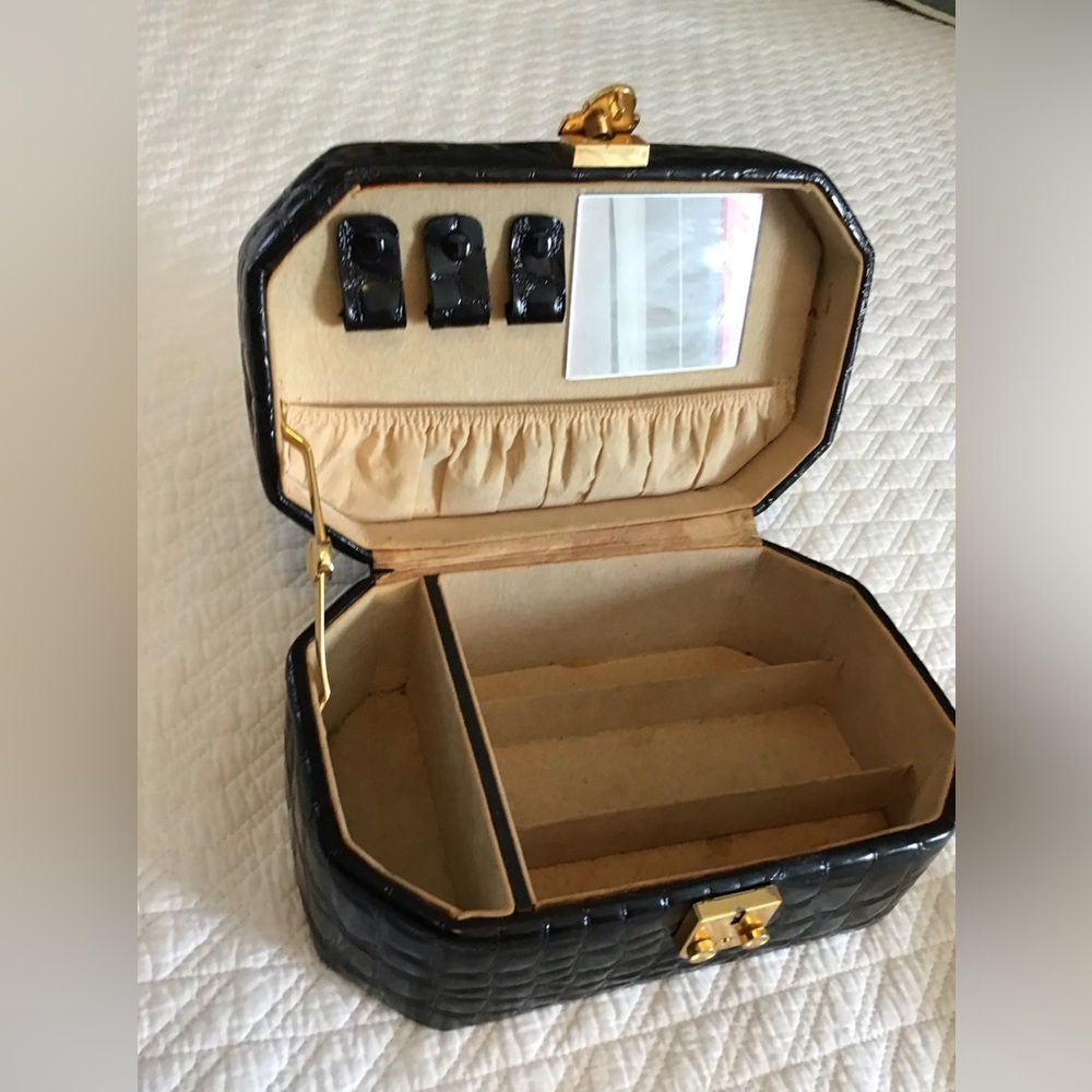 Vintage Croc Embossed JEWELRY BOX Travel Case Black Patent